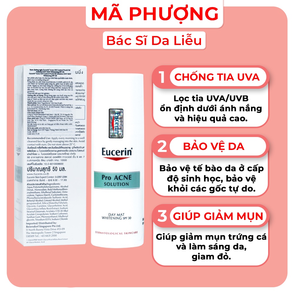 Eucerin Pro ACNE Solution Day Mat Whitening SPF 30: Kem Dưỡng Trắng, Chống Nắng Ban Ngày Cho Da Mụn