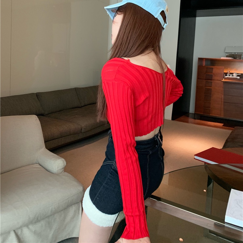 SUXI Áo Croptop Tay Dài Thiết Kế Cổ Chữ V Khoét Sâu Màu Sắc Thanh Lịch Quyến Rũ