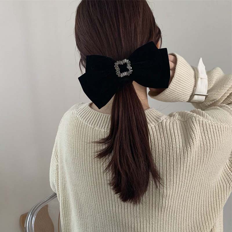 Kẹp tóc nơ vải nhung màu đen đính đá zircon phong cách vintage