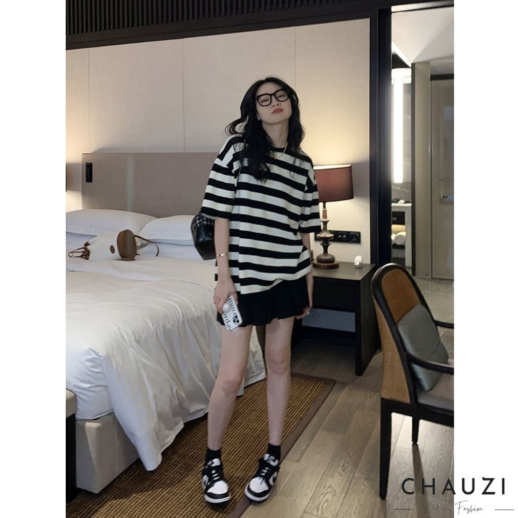 Áo thun tay lỡ CHAUZI áo phông phối kẻ đen trắng from rộng unisex phong cách hàn quốc