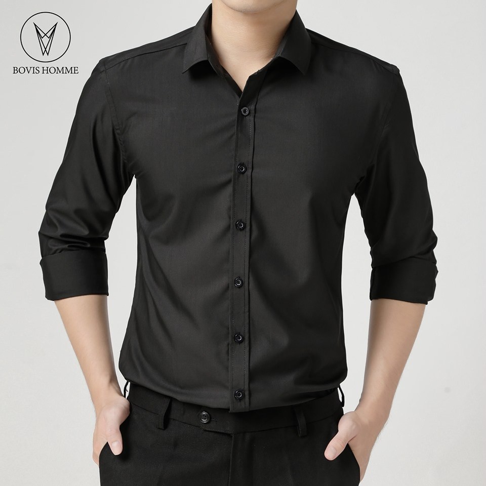 Áo sơ mi nam Bovis Homme tay dài SD003, màu đen, Form slim, chất liệu modal, mặt vải mềm mượt, thoáng mát, chống nhăn