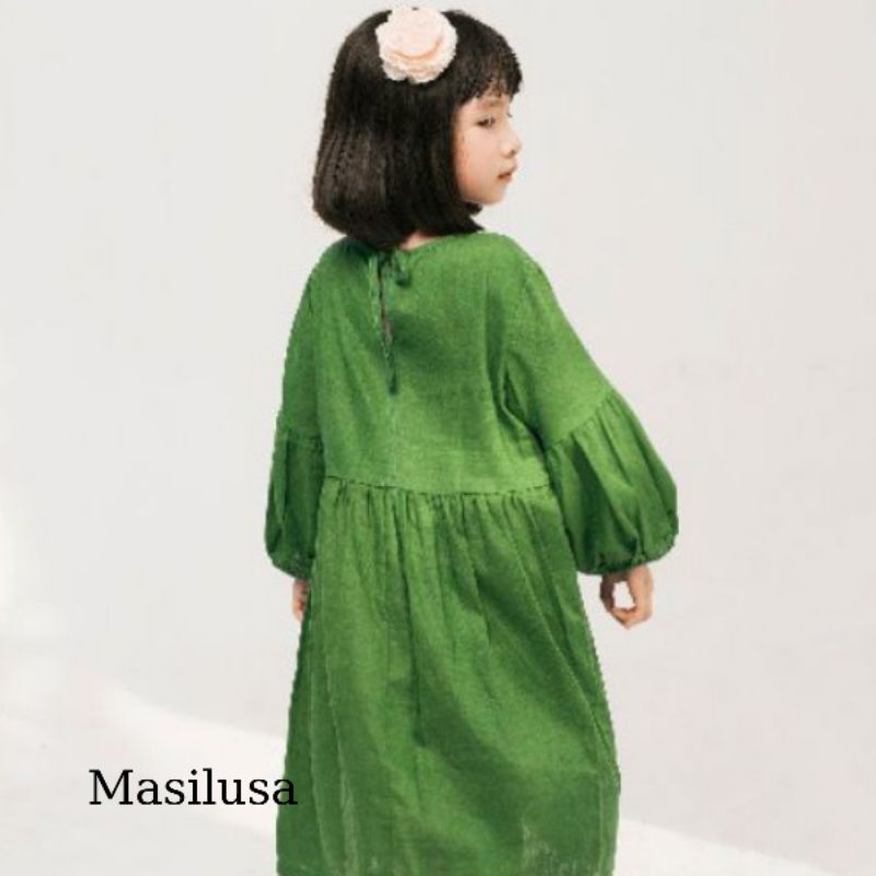 Đầm linen  cao cấp bé gái màu xanh lá cây