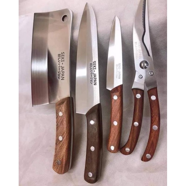 Bộ dao kéo Seki 4 món Nhật Bản: Dao chặt, dao thái thịt, dao thái hoa quả, kéo cắt gà