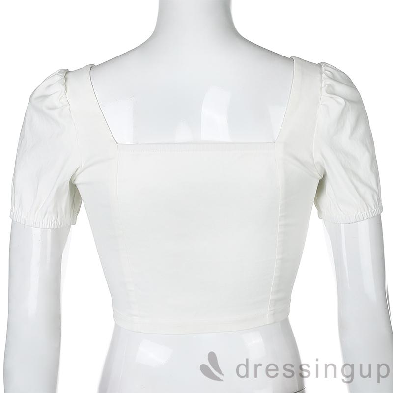 Áo Kiểu Cổ Vuông Tay Phồng Màu Trơn Thiết Kế Gợi Cảm Cho Nữ