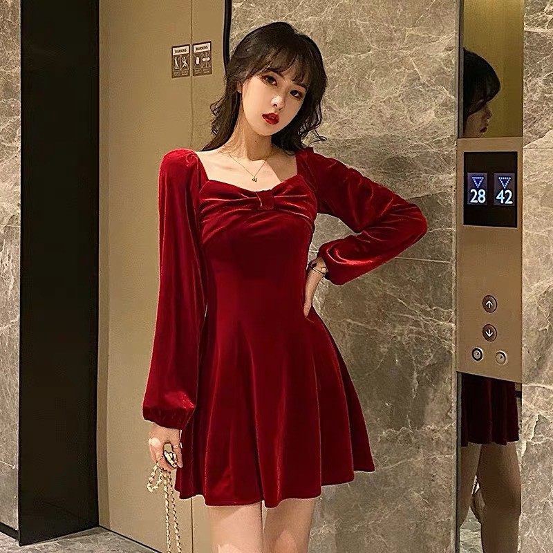 Đầm Nhung Thắt Nơ Ngực Dáng Xoè