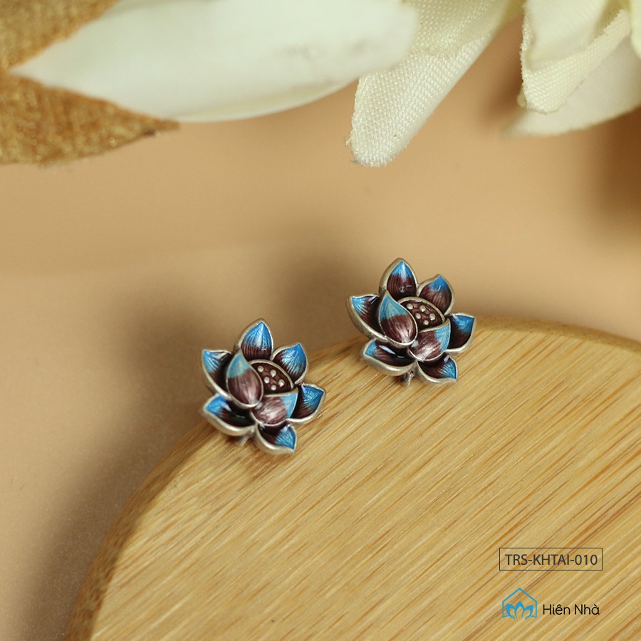 Khuyên tai bạc hoa sen xanh - Bông tai bạc S925 tinh xảo - Trang sức bình an - Trong Nhà