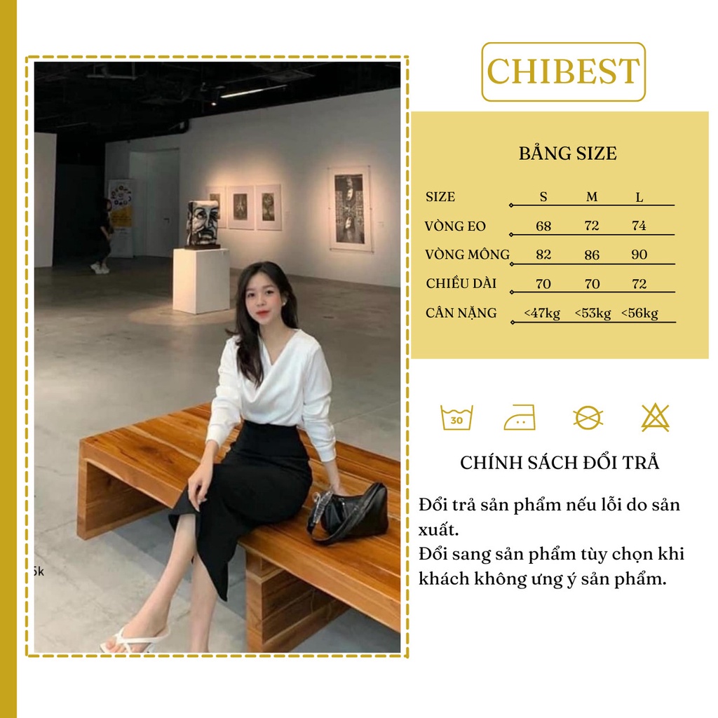 Chân váy bút chì công sở xẻ tà dáng dài qua gối màu đen co giãn 4 chiều thoải mái CHIBEST YVB32