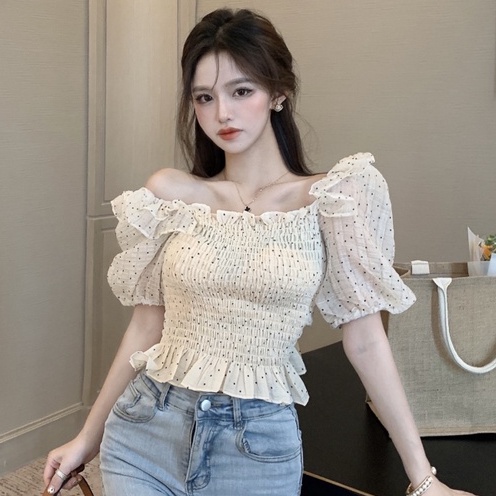 Áo voan trễ vai tay ngắn họa tiết chấm bi thời trang cho nữ