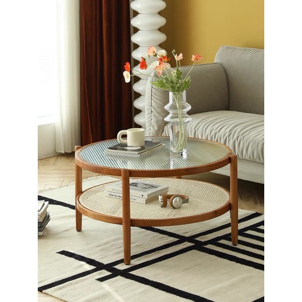 Bàn trà tròn mây phối kính vintage