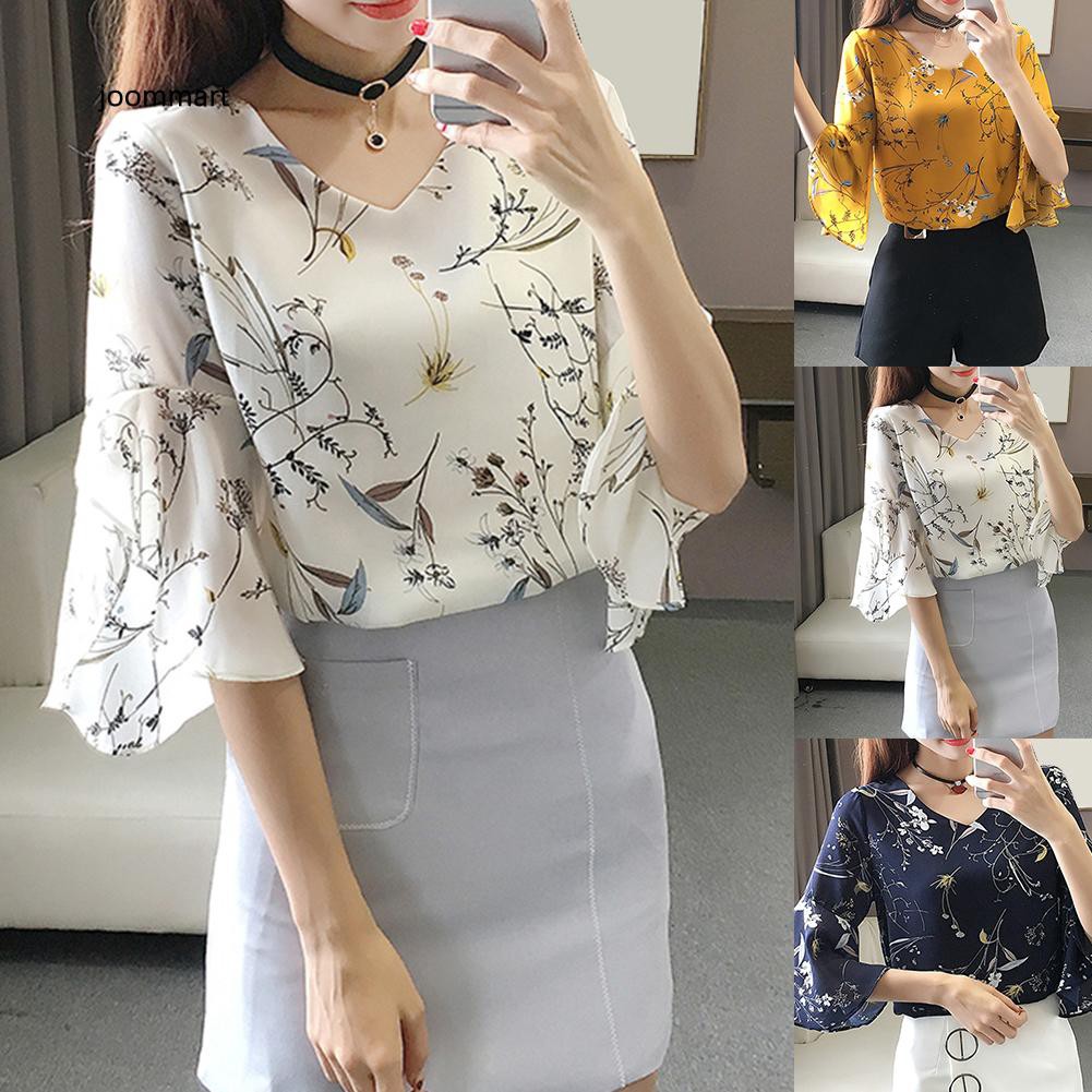 Áo Sơ Mi Chiffon Tay Lỡ Cổ Chữ V In Họa Tiết Hoa Thời Trang Công Sở Cho Nữ