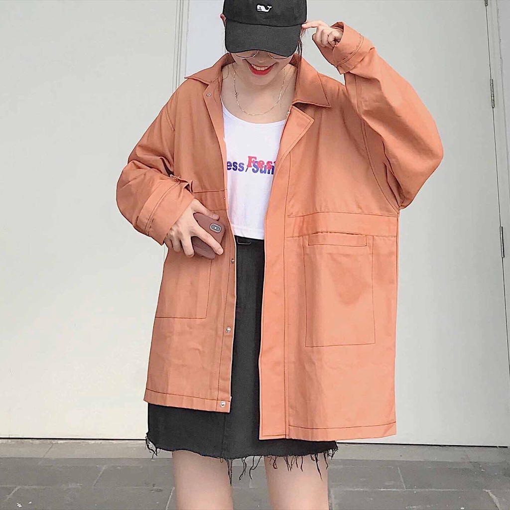 Áo Khoác Jacket Nữ Form Rộng Trơn Basic Túi Hộp Áo Khoác Kaki Nữ Cổ Bẻ Có Nút Bấm 2 Màu Nâu Đen CHESE 1640