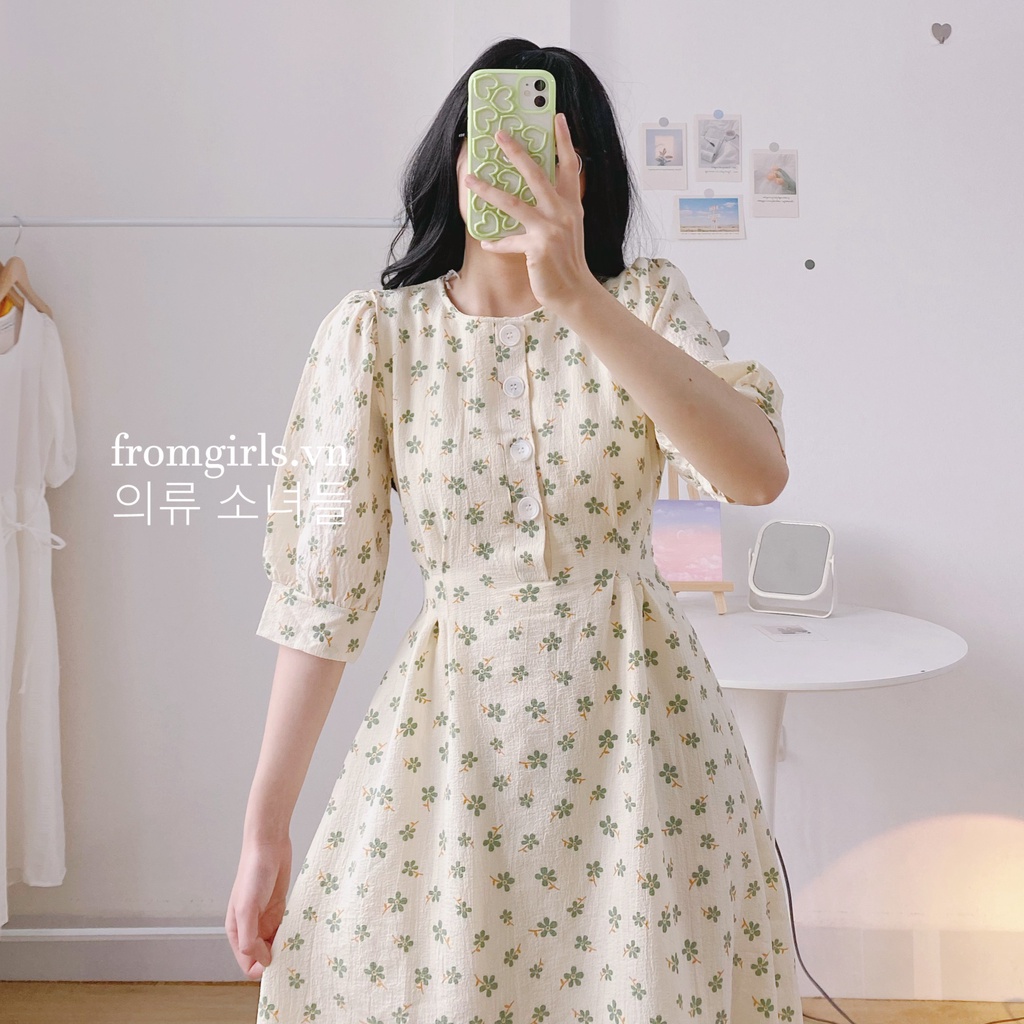 Váy hoa nhí vintage, đầm hoa nhí dáng dài tay phồng có dây buộc eo brown.clothes  - V55