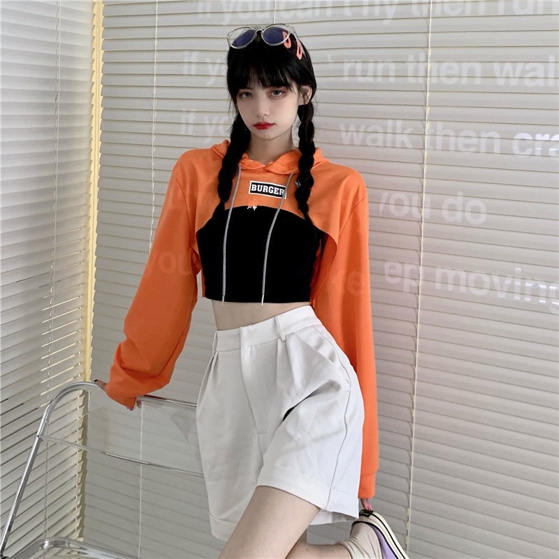 Set áo croptop Maoshop ôm body tay dài phong cách ulzzang Hàn Quốc, Áo hoodie croptop 2 món cá tính - C65