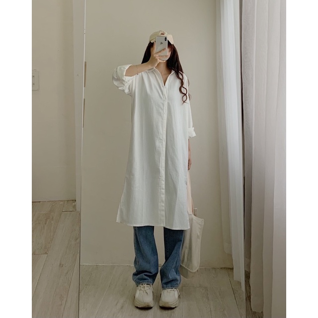 Váy sơ mi thô oversize dáng dài xẻ tà 264