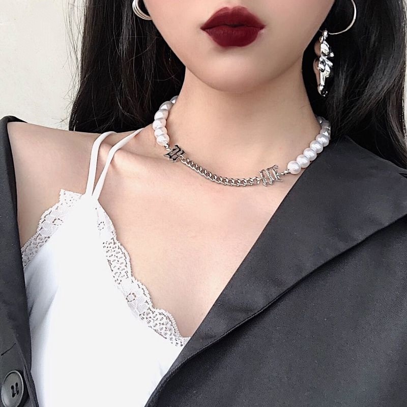 Vòng Cổ Nữ Ngọc Trai Nhân Tạo Choker Phối Xích Bằng Thép Titan Không Gỉ Phong Cách Cá Tính