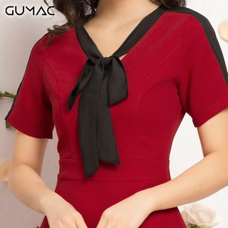 Đầm cổ V dây nơ GUMAC MS12026_DO