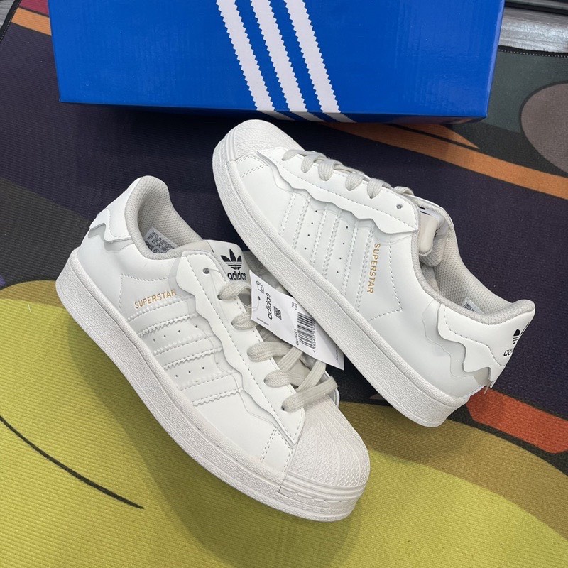 Giày thể thao adidas superstar trắng kem, hồng kem, sò xanh bản đẹp 2022 dây hồng full box - giấy gói