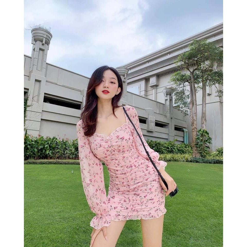 Váy Đầm Body Nhún Sườn Chất Voan 2 Lớp Họa Tiết Hoa Siêu Đẹp Với Tông Hồng Tôn Dáng Cực Xinh. | BigBuy360 - bigbuy360.vn