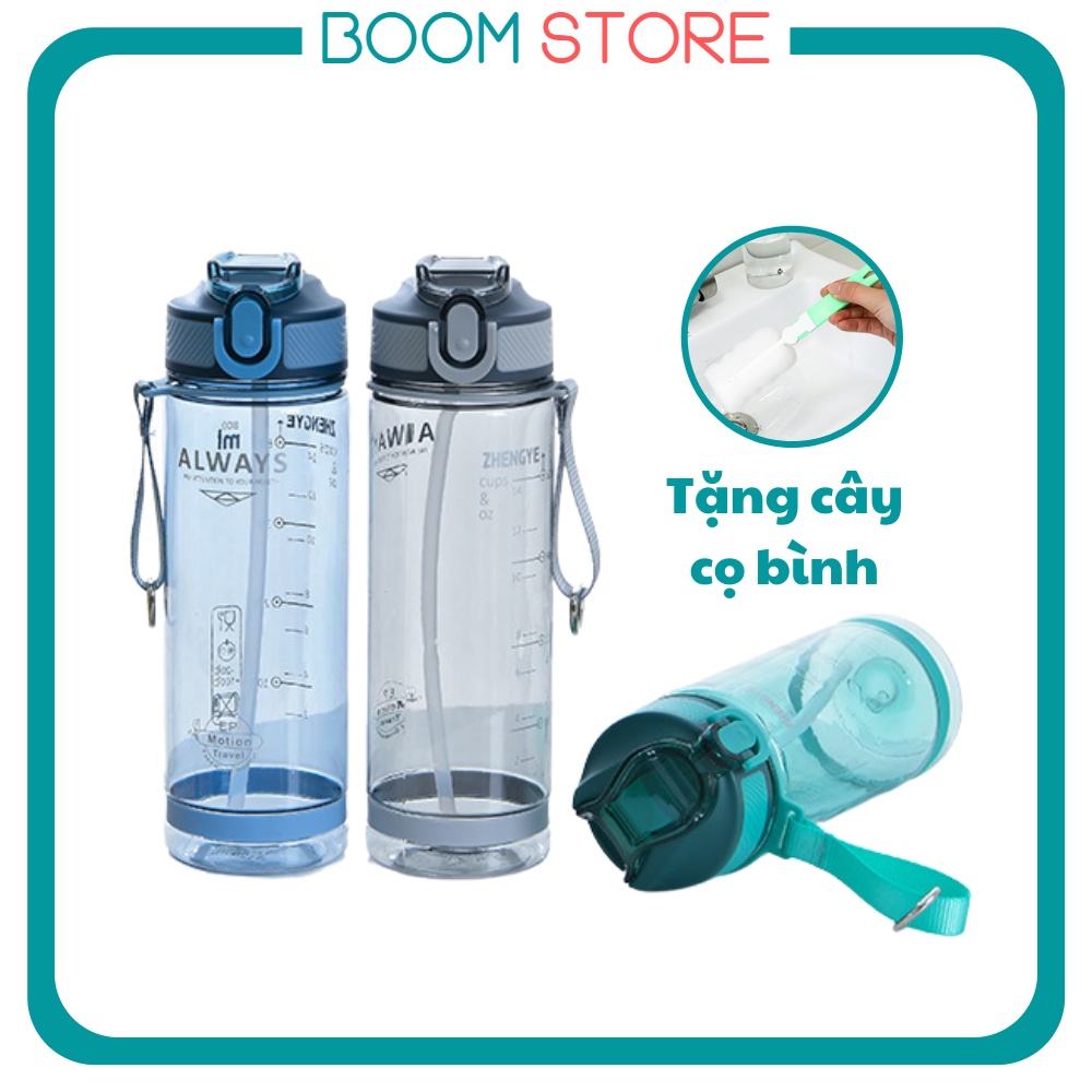 Bình nước cho bé đi học có ống hút có quai đeo nắp bật chia vạch cute 800ml cao cấp Boom Store BN03