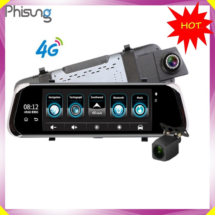 Camera hành trình dạng lắp gương hãng Phisung E08-E/4G/Wifi/GPS/10'' cao cấp - Hàng Nhập Khẩu Chính Hãng