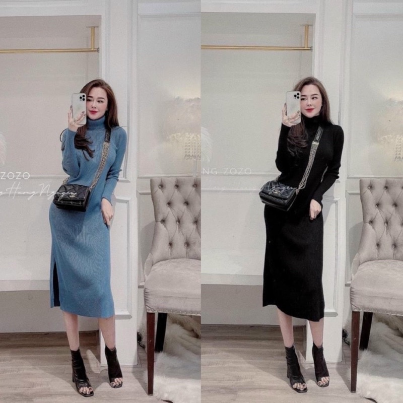 Đầm len cổ lọ dáng suông hàng đẹp Quảng Châu