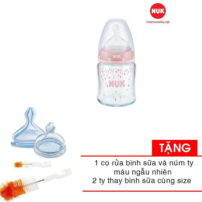 Bình sữa NUK cổ rộng thủy tinh 120ml - Ty Silicone 1M NU66126 tặng cọ rửa bình sữa và núm ty và 2 ty bình sữa cùng size