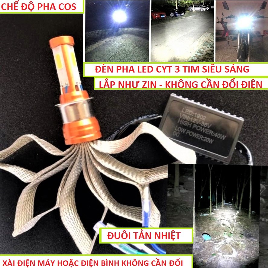 ĐÈN PHA LED H4 CYT SIÊU SÁNG XÀI ĐIỆN MÁY - ĐIỆN BÌNH - BH 12 THÁNG