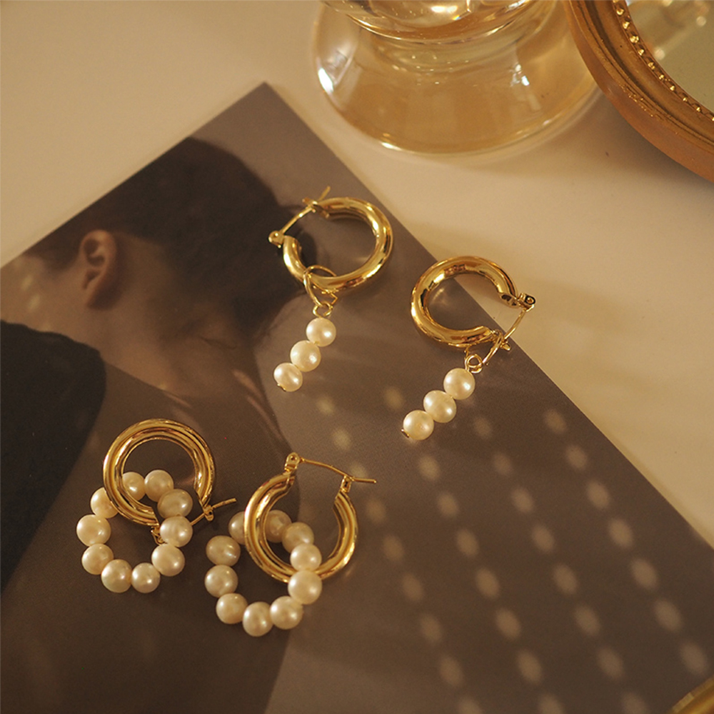 FORBETTER Women Pearl Earrings Chunky Fashion Jewelry Hoop Earrings Elegant Charm Fashion Temperament Ladies Vintage Freshwater Pearl