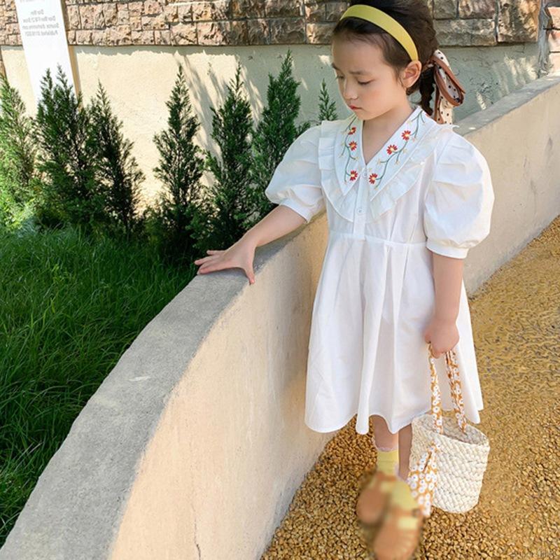 Váy tay phồng thêu hoa đáng yêu xinh xắn dành cho bé gái 2-7 tuổi