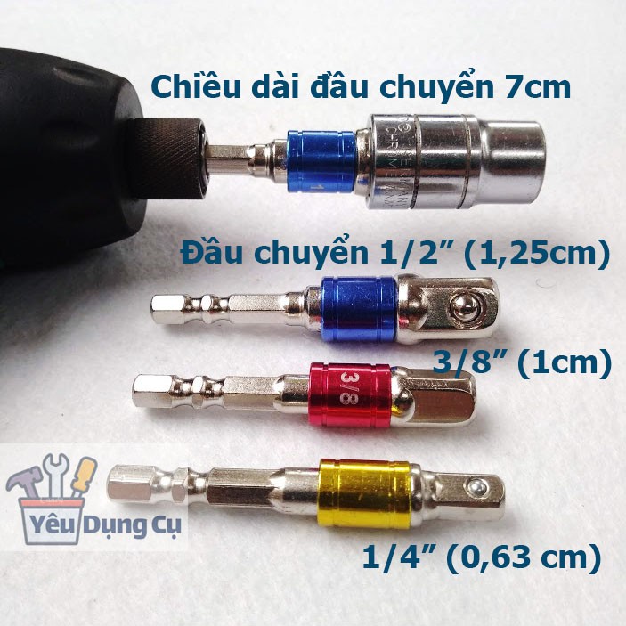 Sét 3 Đầu chuyển lục giác Bắn Vít sang Bulong 3 kích cỡ 1/4 3/8 1/2 (dài 7cm)