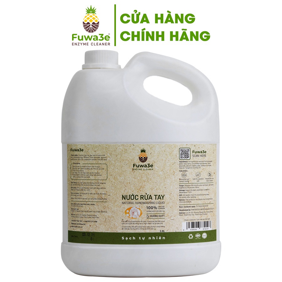 Nước rửa tay sát khuẩn Fuwa3e hữu cơ mùi tinh dầu quýt từ chế phẩm Enzyme sinh học 3.8L ,G-House shop