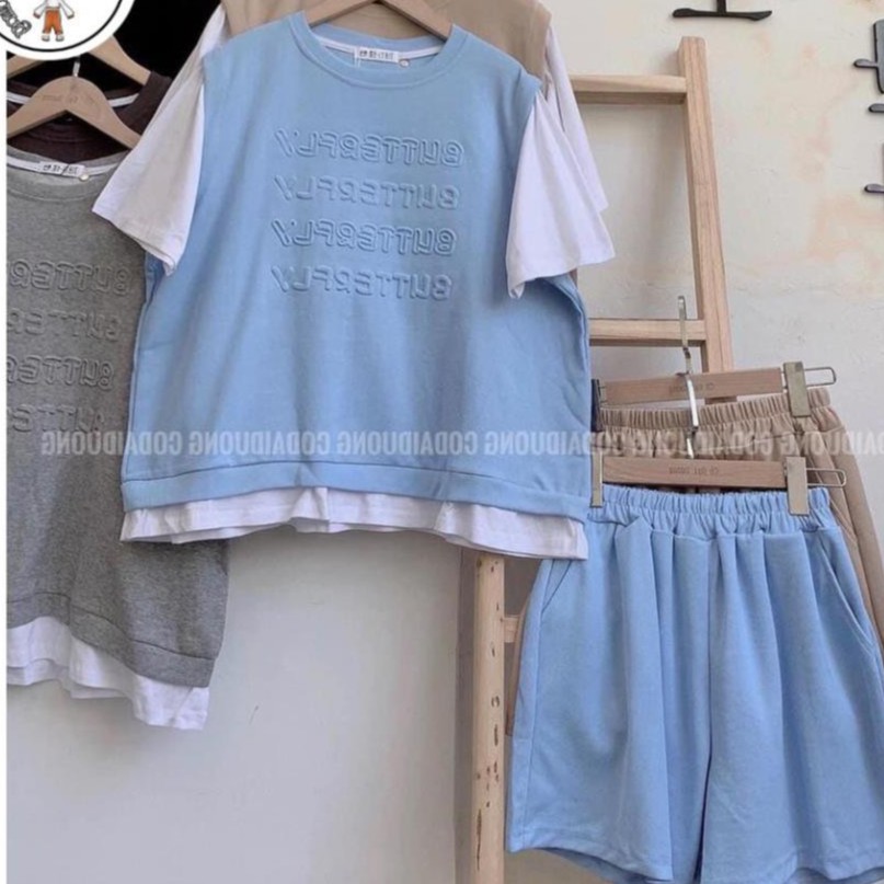 Set thun thể thao phối chữ dập nổi kèm quần sooc ♥ Bộ áo phông hai lớp gile form rộng unisex ♥