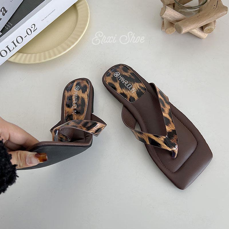Oeggeo shop Giày Lười Đế Bằng Mũi Vuông Họa Tiết Da Báo Dành Cho Nữ