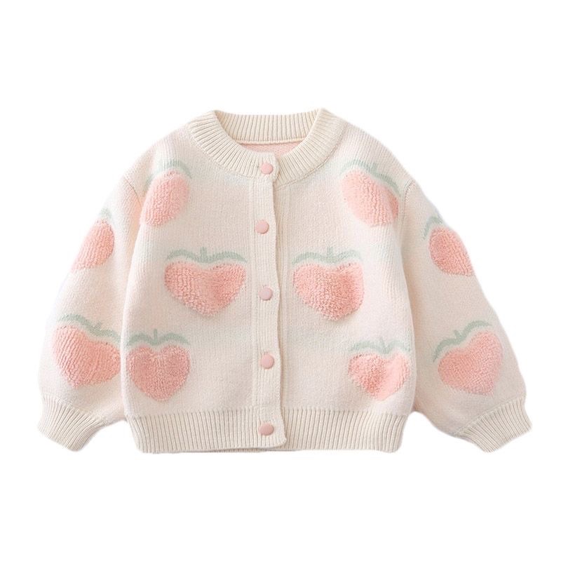 Áo khoác len cardigan bé gái, chất len dày dặn đanh chắc,mịn ấm, họa tiết quả đào dễ thương