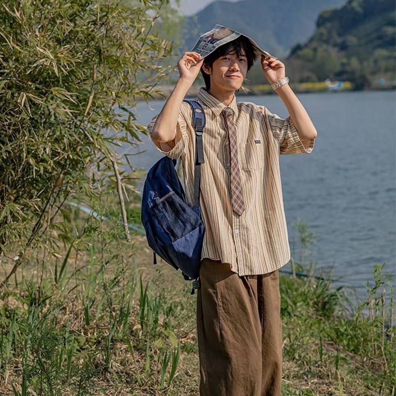 Áo Sơ Mi Tay Ngắn Họa Tiết Sọc Thời Trang Phong Cách Harajuku Cho Nam Size M-2XL