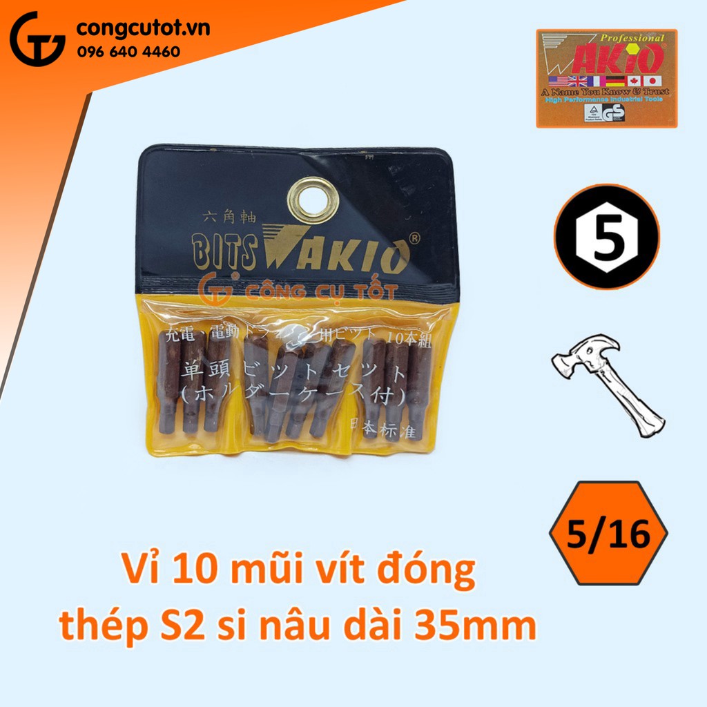 Vỉ 10 mũi vít đóng lục giác Wakio si nâu dài 35mm