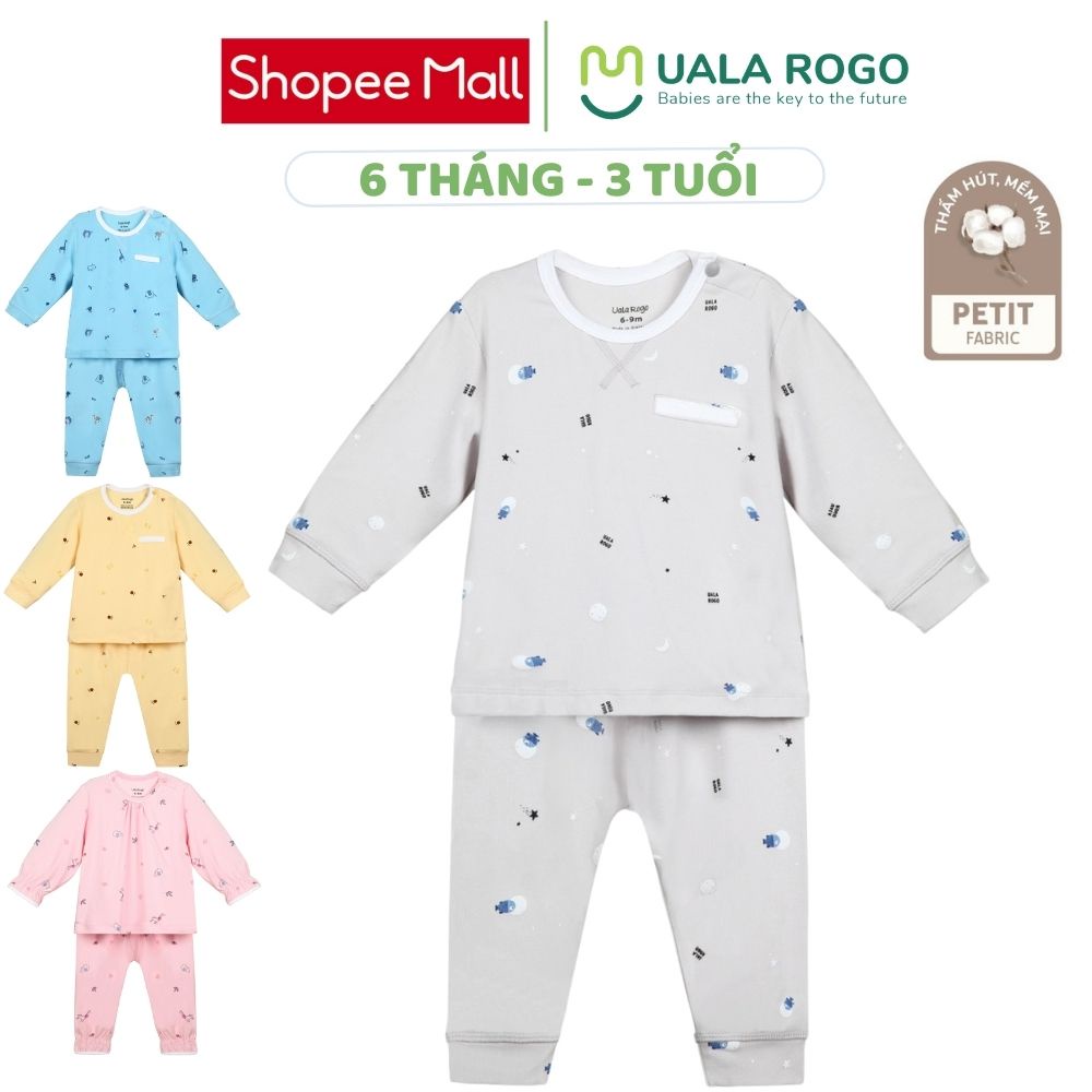 Bộ quần áo dài tay mỏng Ualarogo 6 tháng - 3 tuổi vải Petit mềm co giãn cúc vai cổ tròn giữ ấm 2241