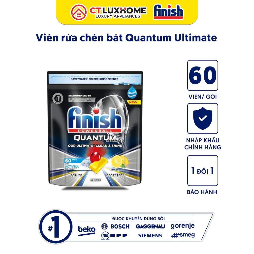 Viên rửa chén bát Finish Quantum Ultimate 60 viên hương chanh [14 chức năng, rẻ vô địch]
