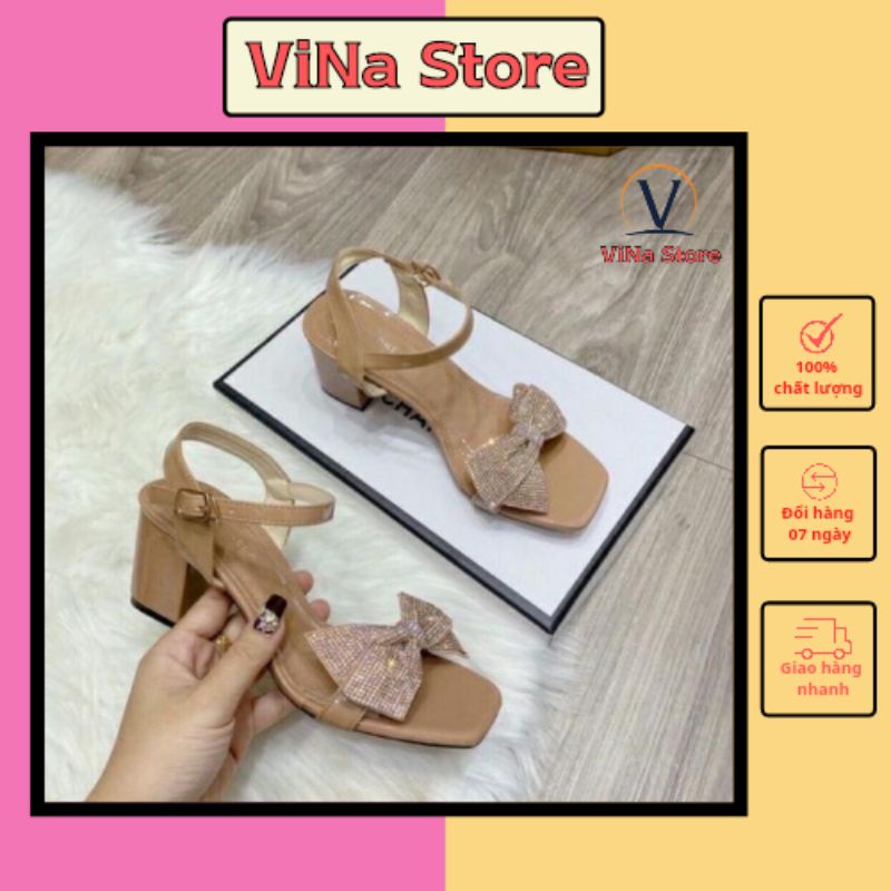 Giày sandal cao gót nữ 5P đế vuông quai phối nơ đá cao cấp hottrend 2020- mã T5