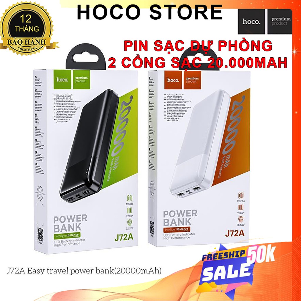 ⚡NowShip⚡ Pin Sạc Dự Phòng 2 Cổng Sạc Nhanh 2A Hoco J72A dung lượng 20000mAh Chính Hãng