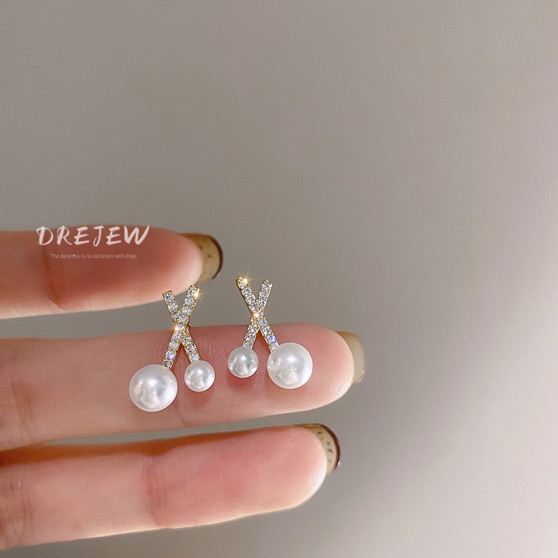 DREJEW Khuyên tai bạc đính đá kim cương và ngọc trai giả phong cách cổ điển dễ phối đồ