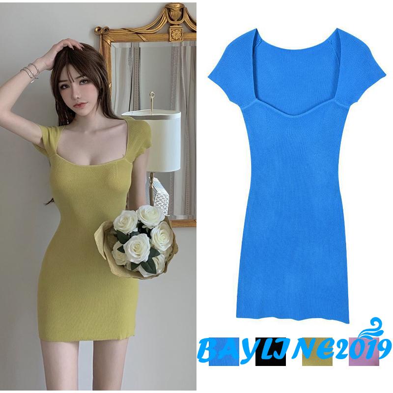 Áo Liền Quần Tay Ngắn Cổ Vuông Màu Sắc Thời Trang Cho Nữ