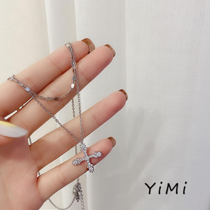 Vòng cổ Hai Lớp Mặt Chữ Thập Đính Đá Zircon Thời Trang