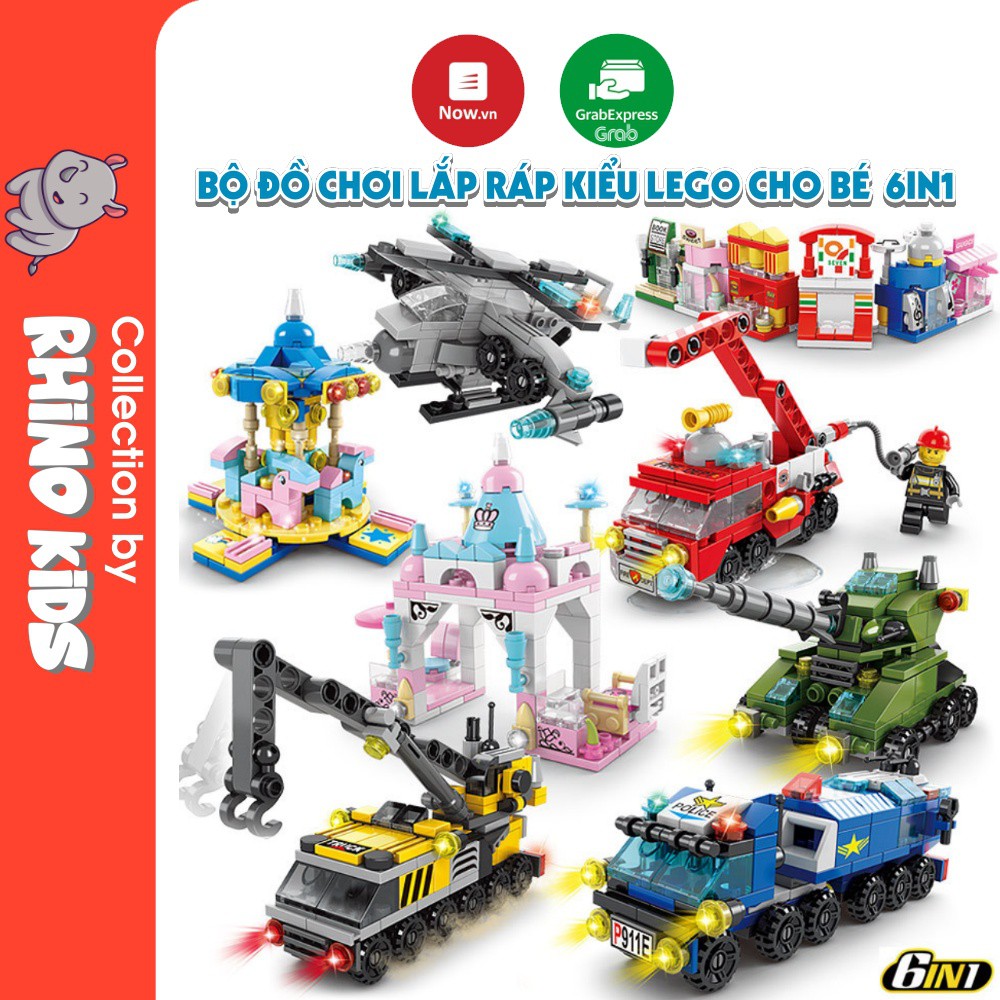 Bộ đồ chơi lắp ráp xe công trình xe cứu hoả xe hải quân kiểu Lego 6in1 (6 cách ráp trong 1 hộp) an toàn sắc nét cho bé