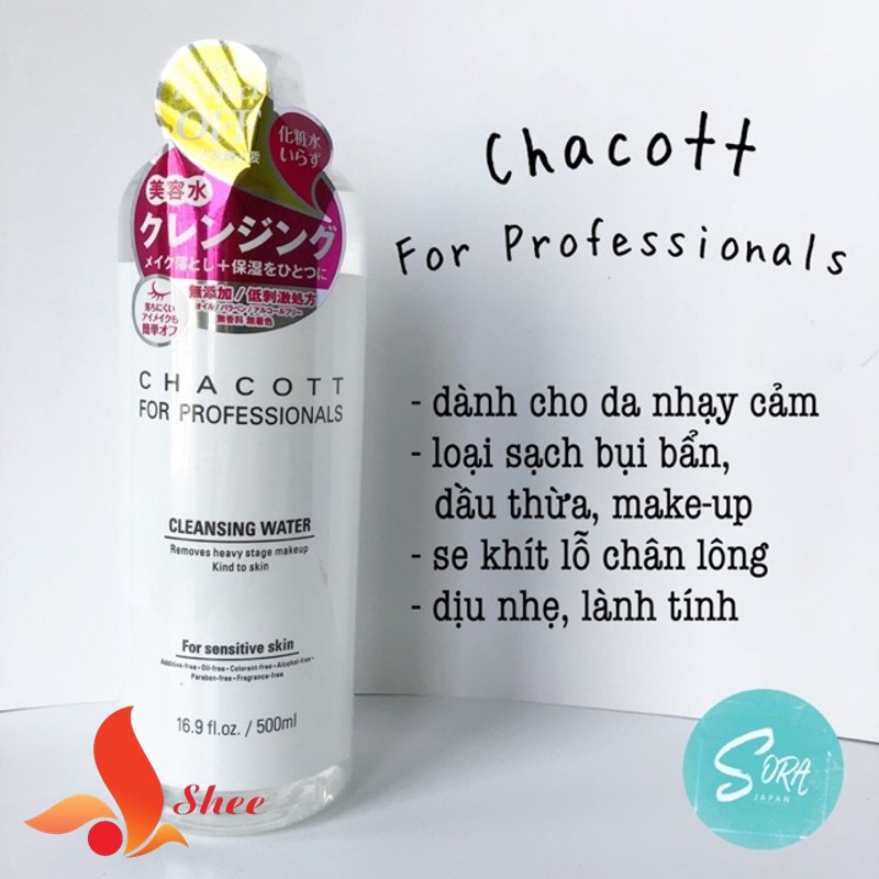 Nước tẩy trang Chacott For Professionals 500ml chuyên dành cho da nhạy cảm, dễ kích ứng nổi mụn, làm sạch chuyên sâu.