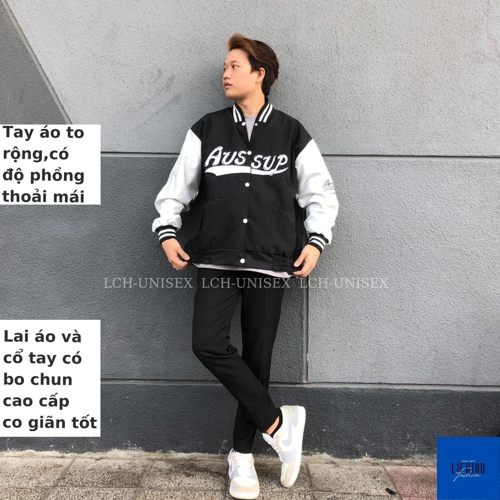 Áo khoác dù unisex form rộng thêu AUSSUP Bomber jacket bóng chày nam nữ 2 lớp dày LCH
