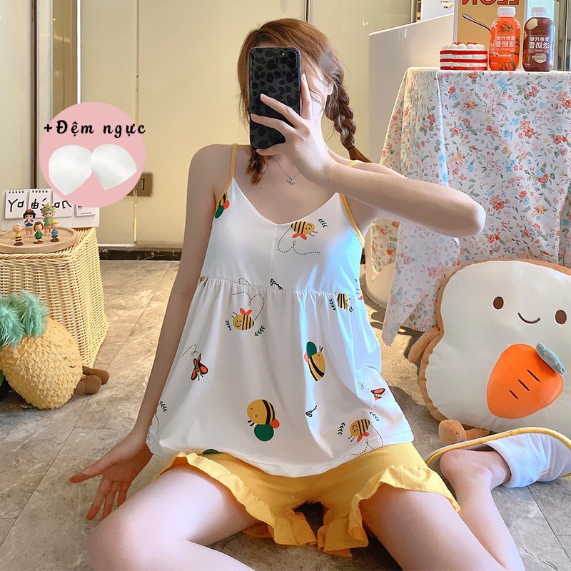 Đồ ngủ nữ [😍FREE SHIP] Đồ ngủ 2 dây nữ có đệm ngực mặc siêu dễ thương [BC18]