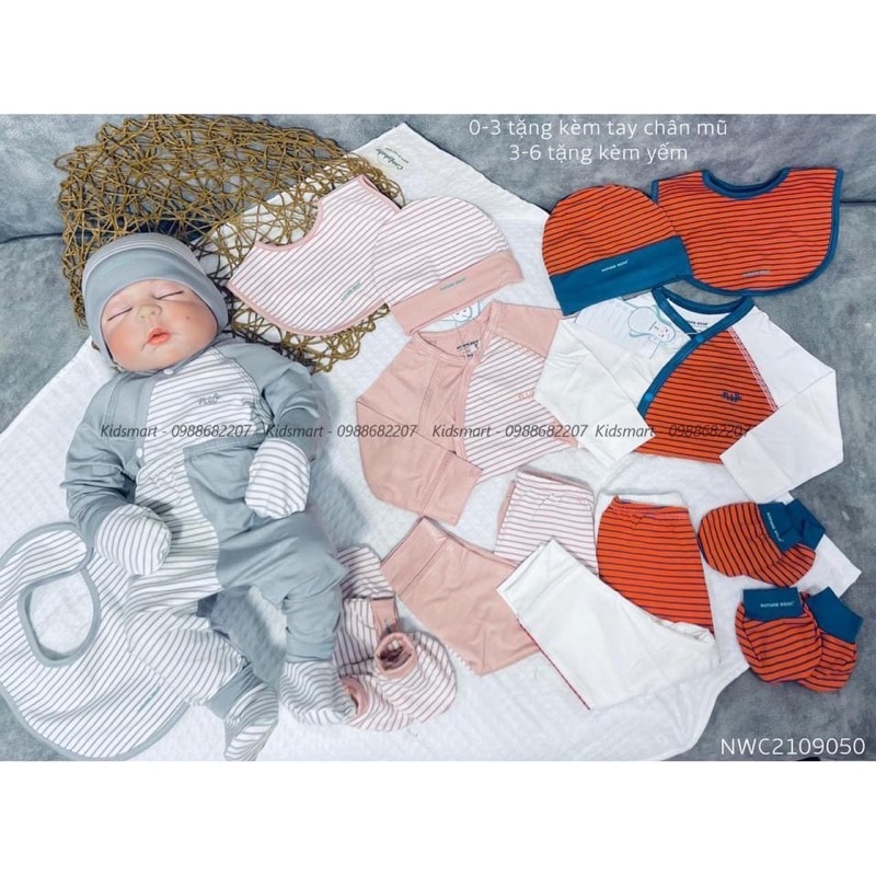 Nature Wear  - Bộ sơ sinh cài chéo kẻ sọc tặng mũ , bao tây chân hoặc yếm