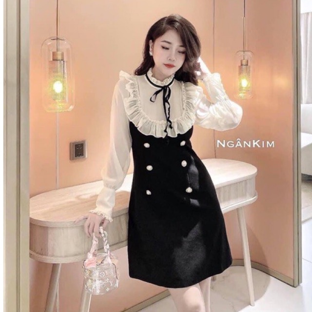 Váy cổ nơ viền bèo khuy xinh xắn