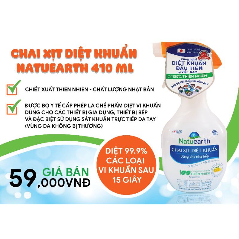 Chai Xịt Diệt Khuẩn Dùng Cho Nhà Bếp Natuearth 410ml Chiết Xuất 100% Từ Thực Vật Thiên Nhiên Khử Khuẩn Chất Lượng Nhật